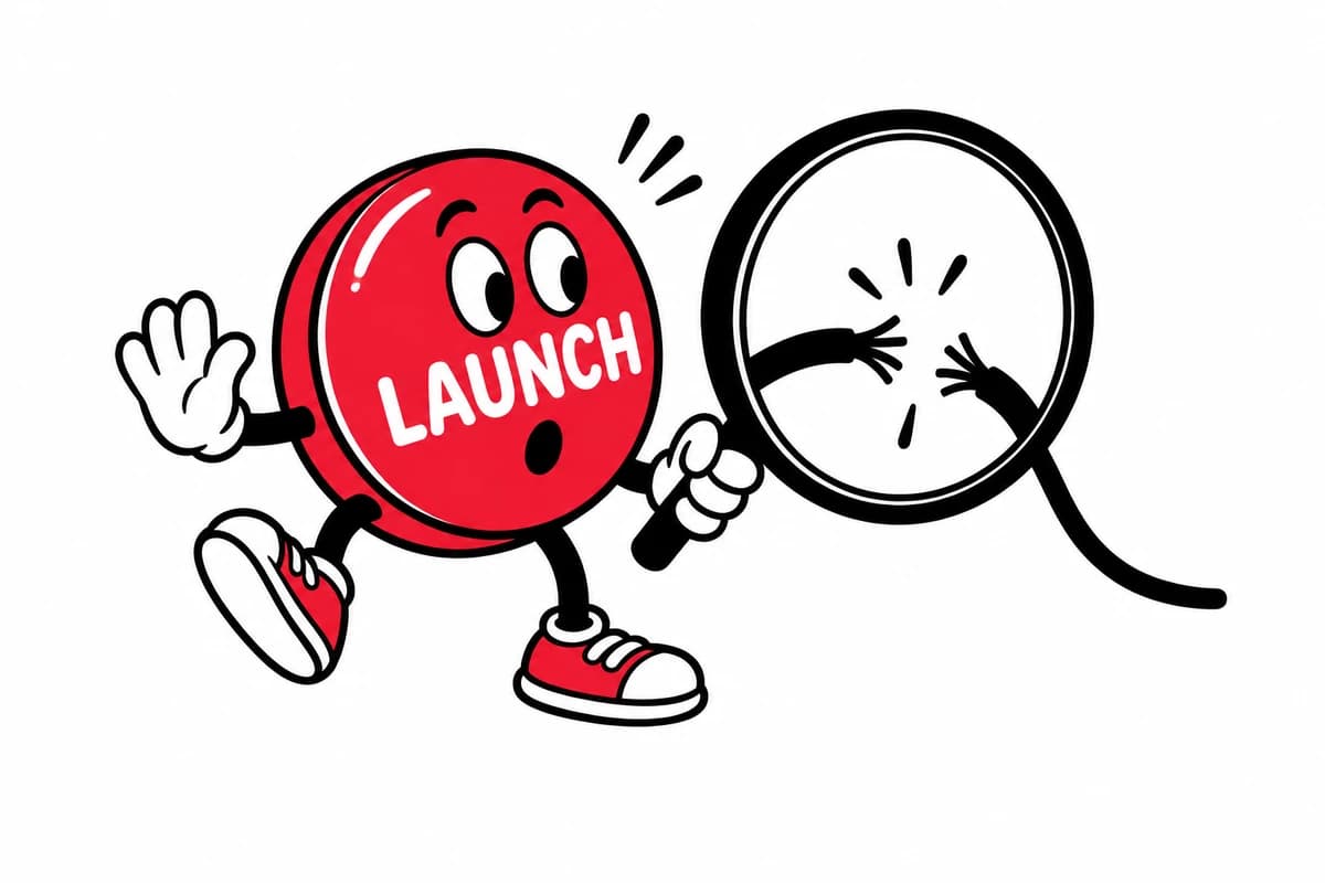 A red launch button inspects a broken link in its cord before moving forward.