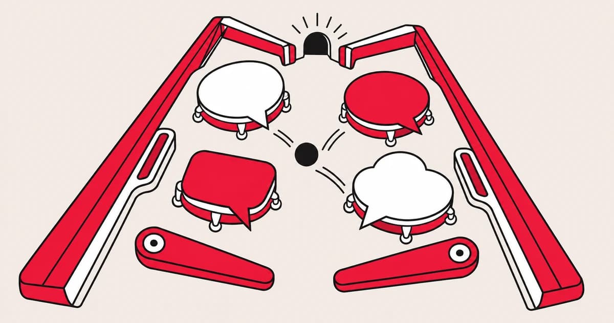 A pinball playfield uses empty speech bubbles as bumpers, with red flippers and a ball bouncing between opinions.