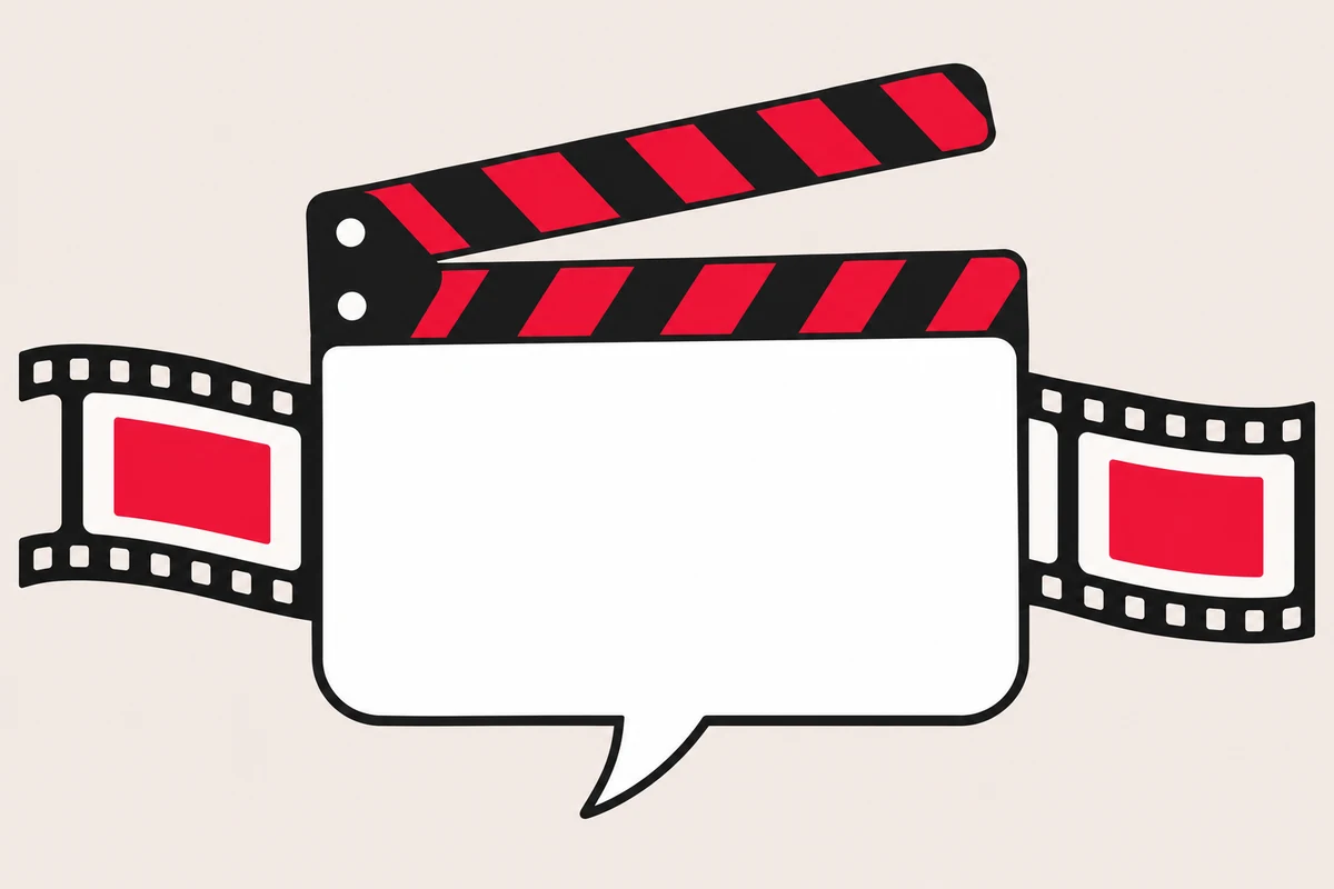 A blank speech bubble becomes a film clapperboard in front of two frames, connecting a review conversation to a specific take.