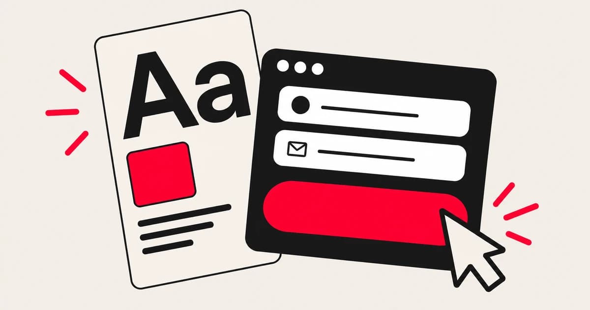 A typography and color specimen overlaps an interface panel with matching red controls.