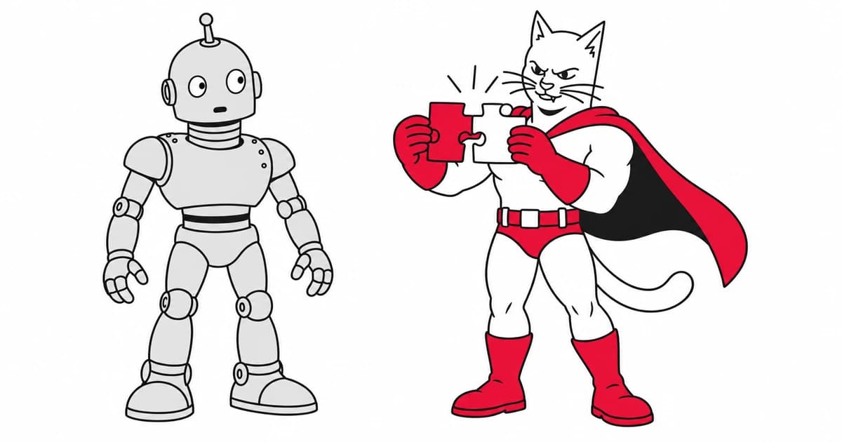 The studio superhero cat joins puzzle pieces beside the studio robot.