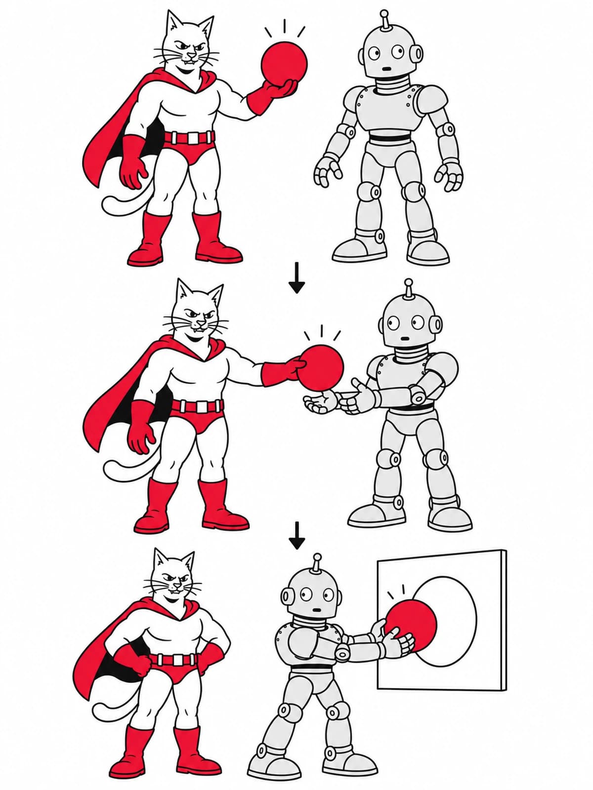 The superhero cat passes a red circle to the robot, which places it in a shared component.
