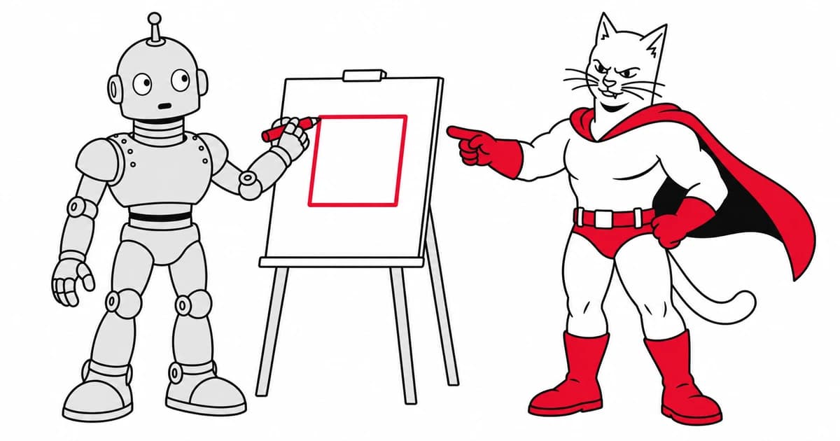 The superhero cat guides the robot as it draws a red square.