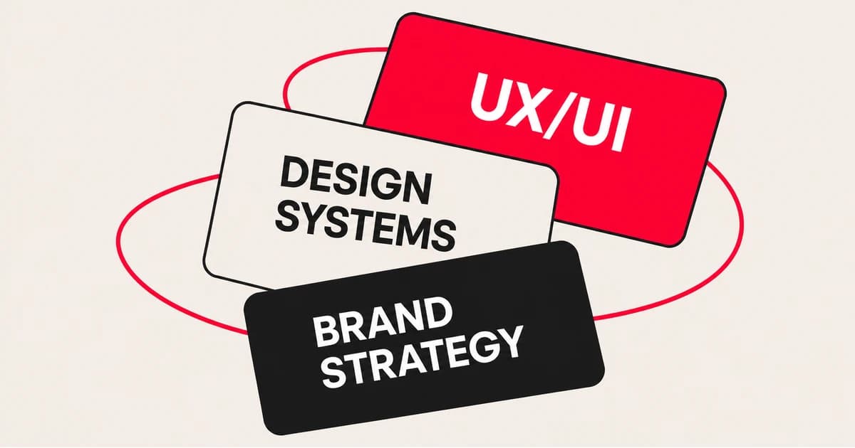 Overlapping UX/UI, design systems and brand strategy cards connected by a red line.