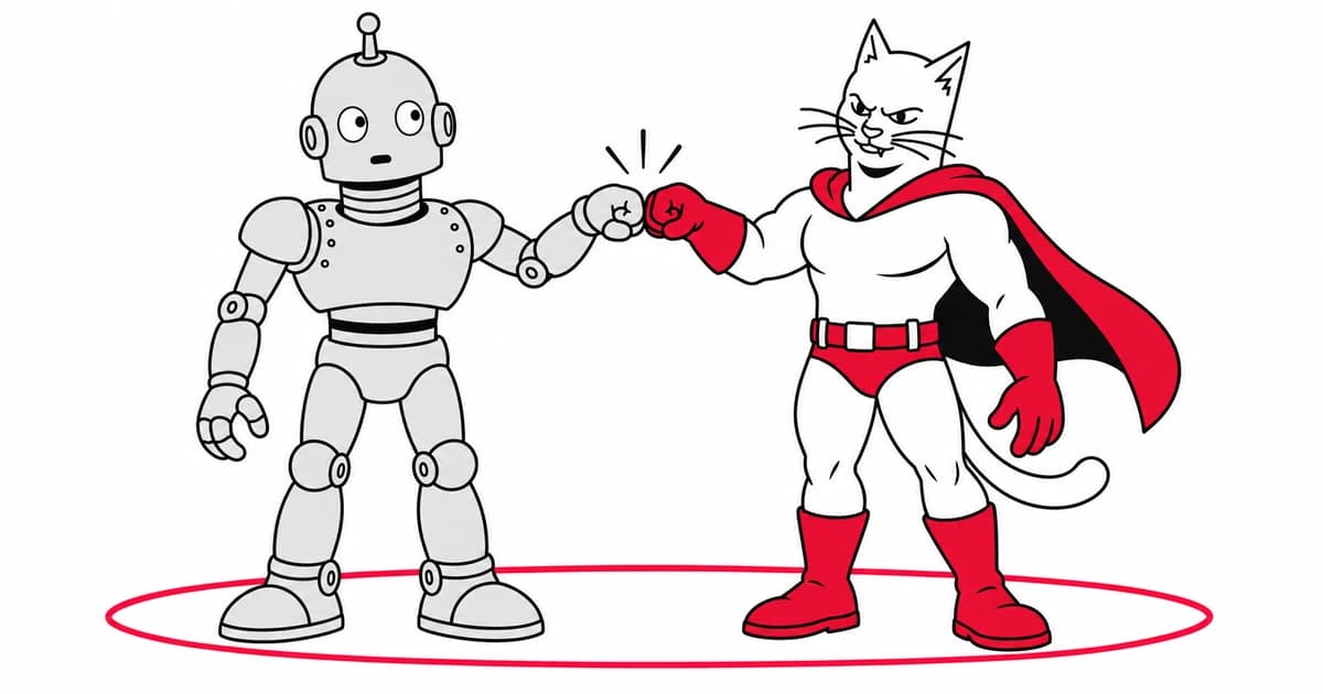 The superhero cat and robot fist-bump above a continuous red line.