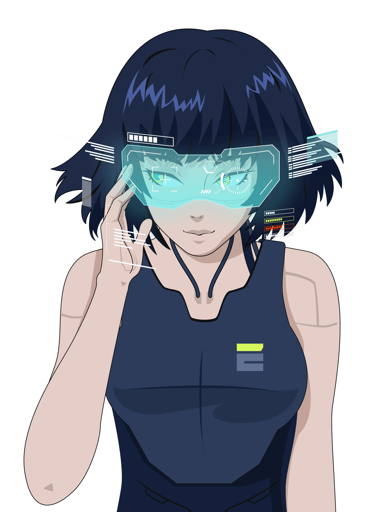 Element Security brand character - a woman wearing holographic AR goggles