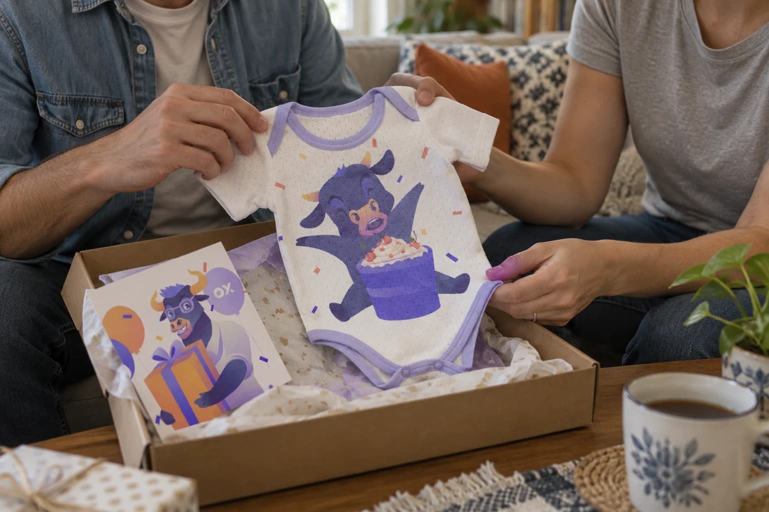 Parents unpacking an illustrated baby gift kit in a living room.