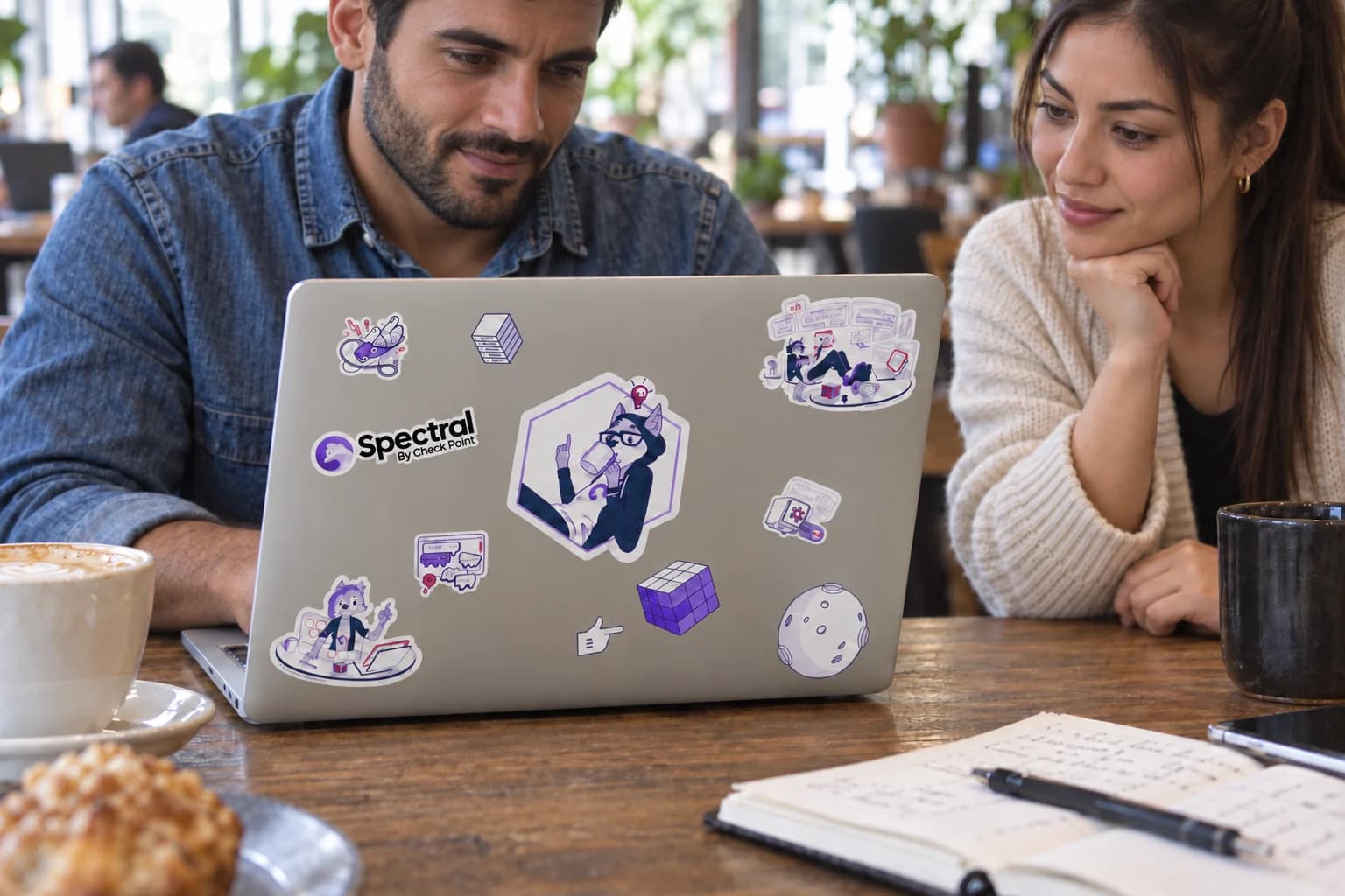 Two different coworkers working at a cafe with a Spectral sticker-covered laptop.