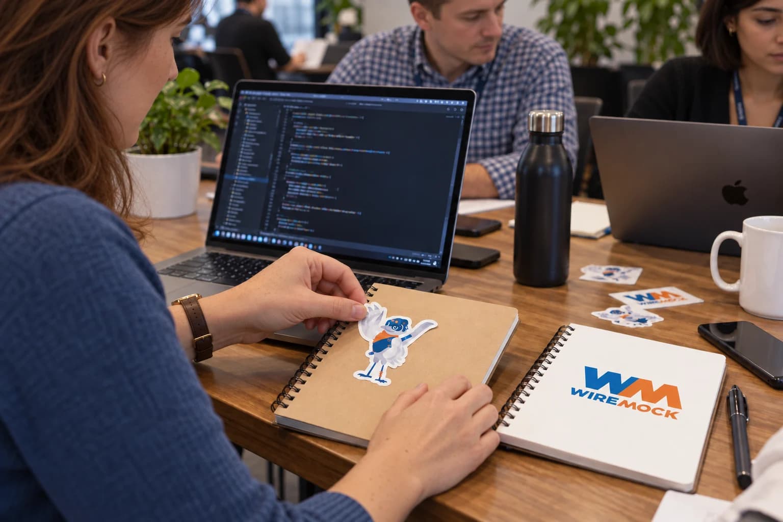 Workshop attendees with varied appearances using WireMock mascot stickers.