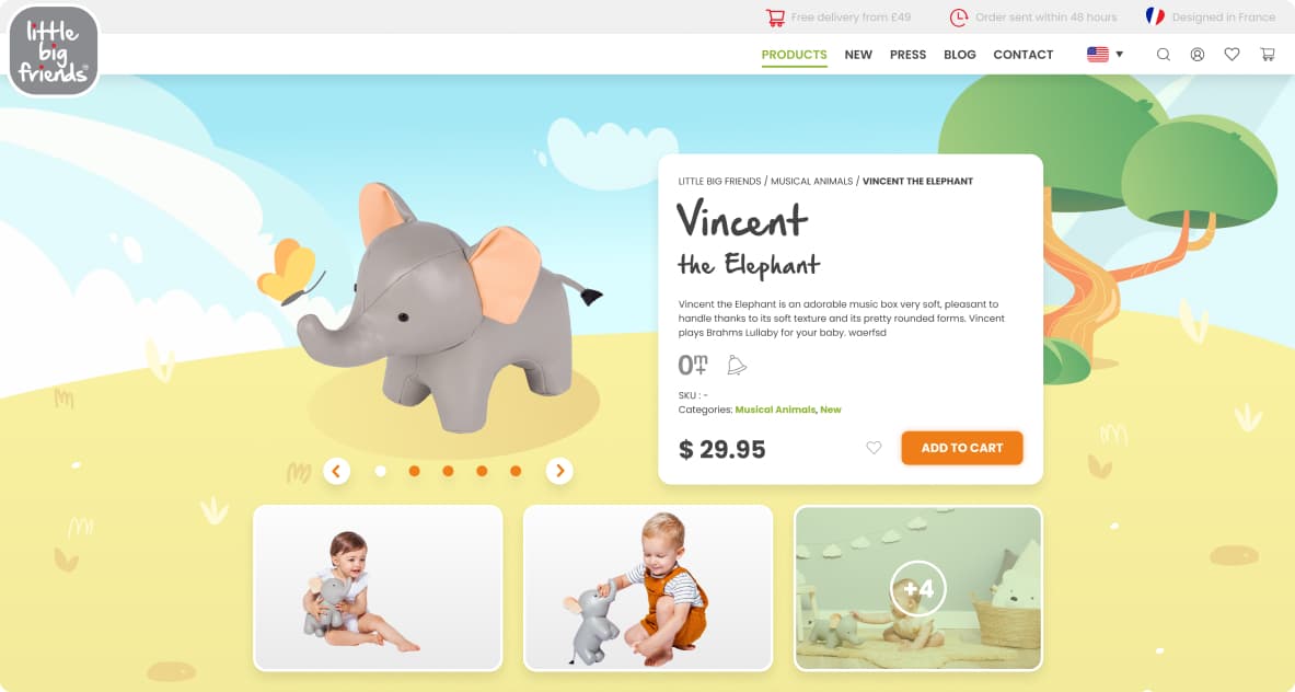 Little Big Friends product page browser mockup showing the toy animal in its natural habitat