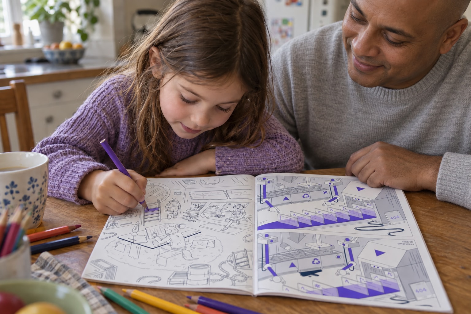 A child colouring an illustrated activity book with her father.