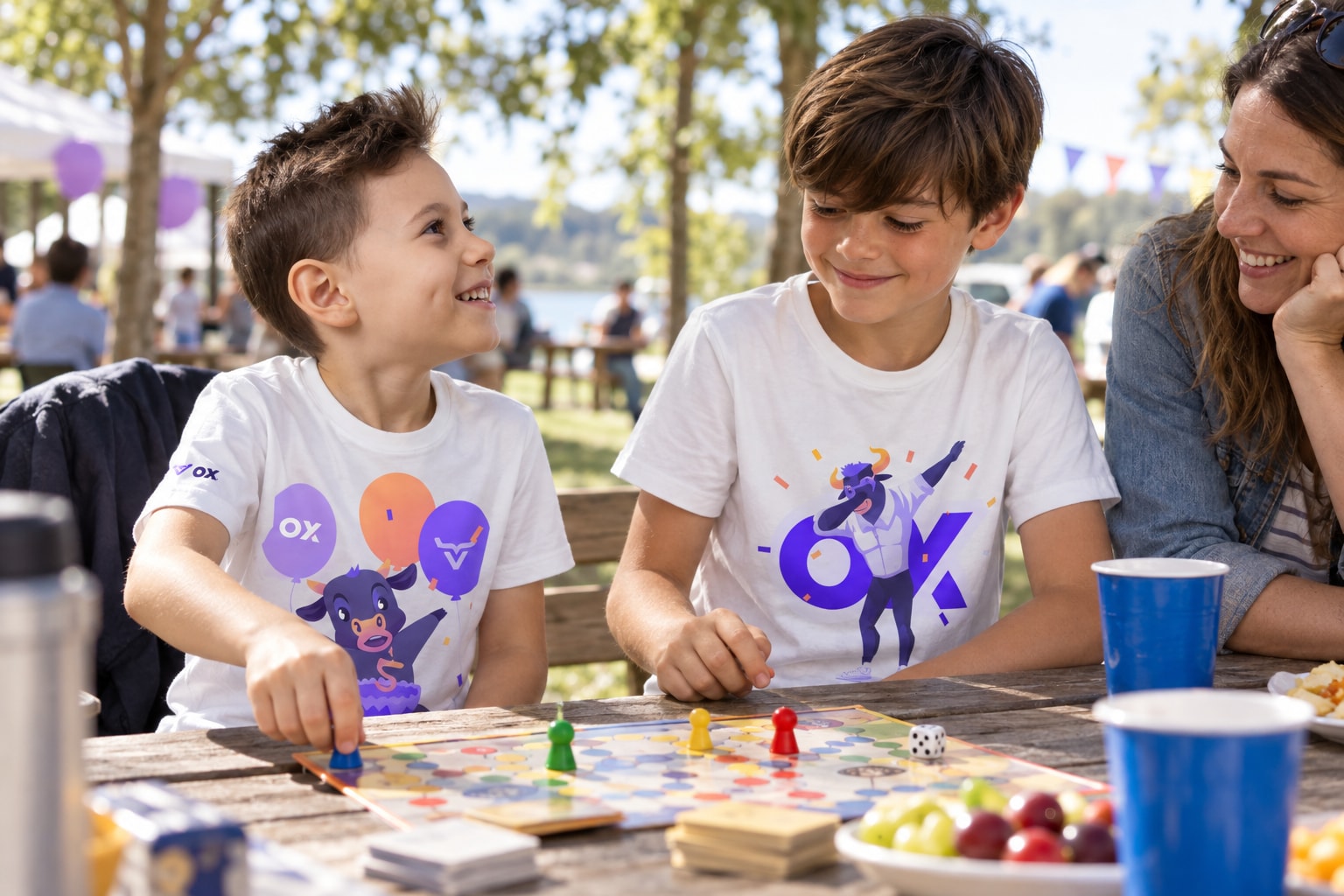 Children wearing OX Security shirts while playing a game at a family gathering.