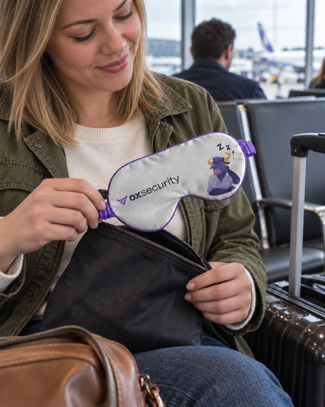 A traveler unpacking an OX Security sleep mask at the airport.