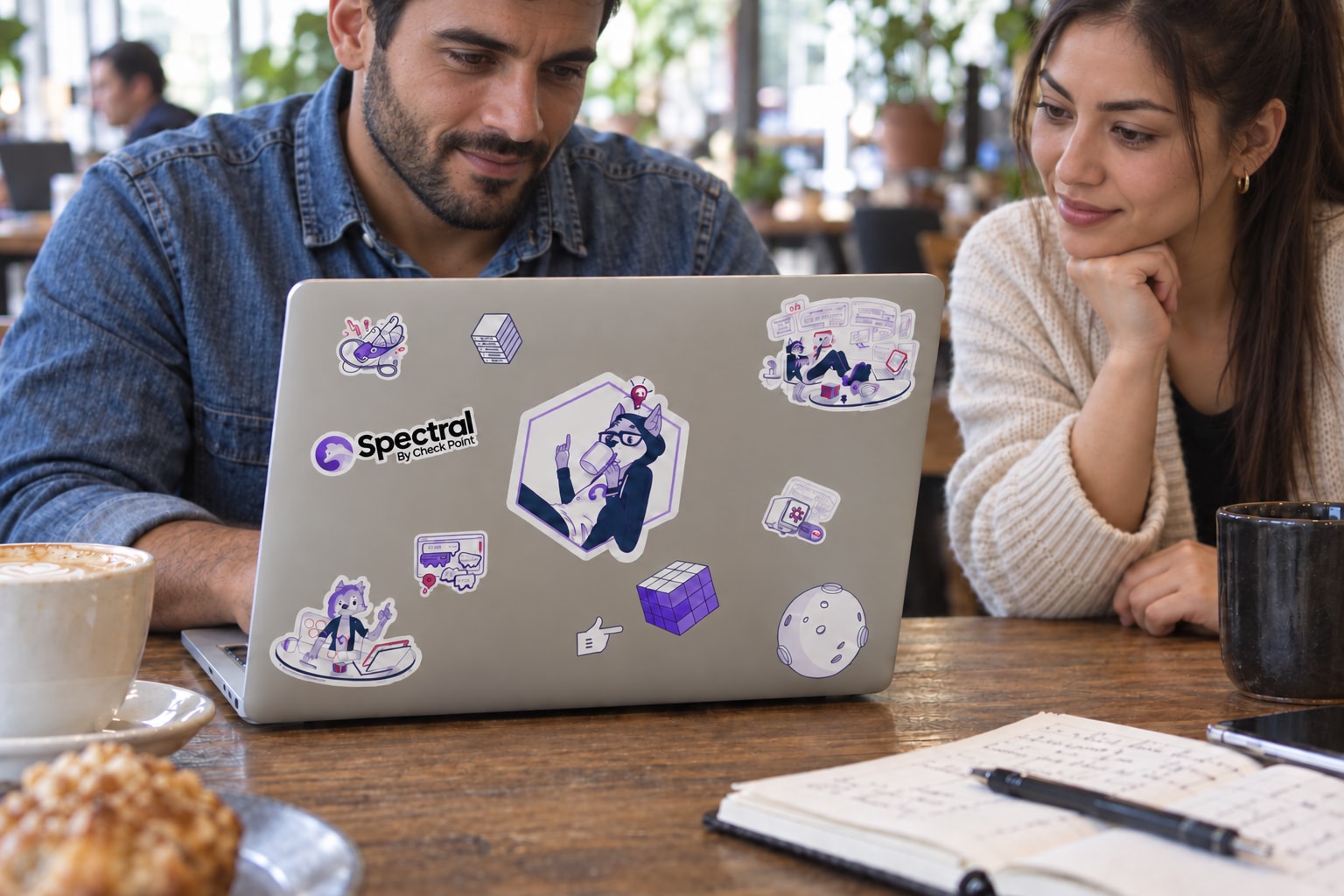 Two different coworkers working at a cafe with a Spectral sticker-covered laptop.