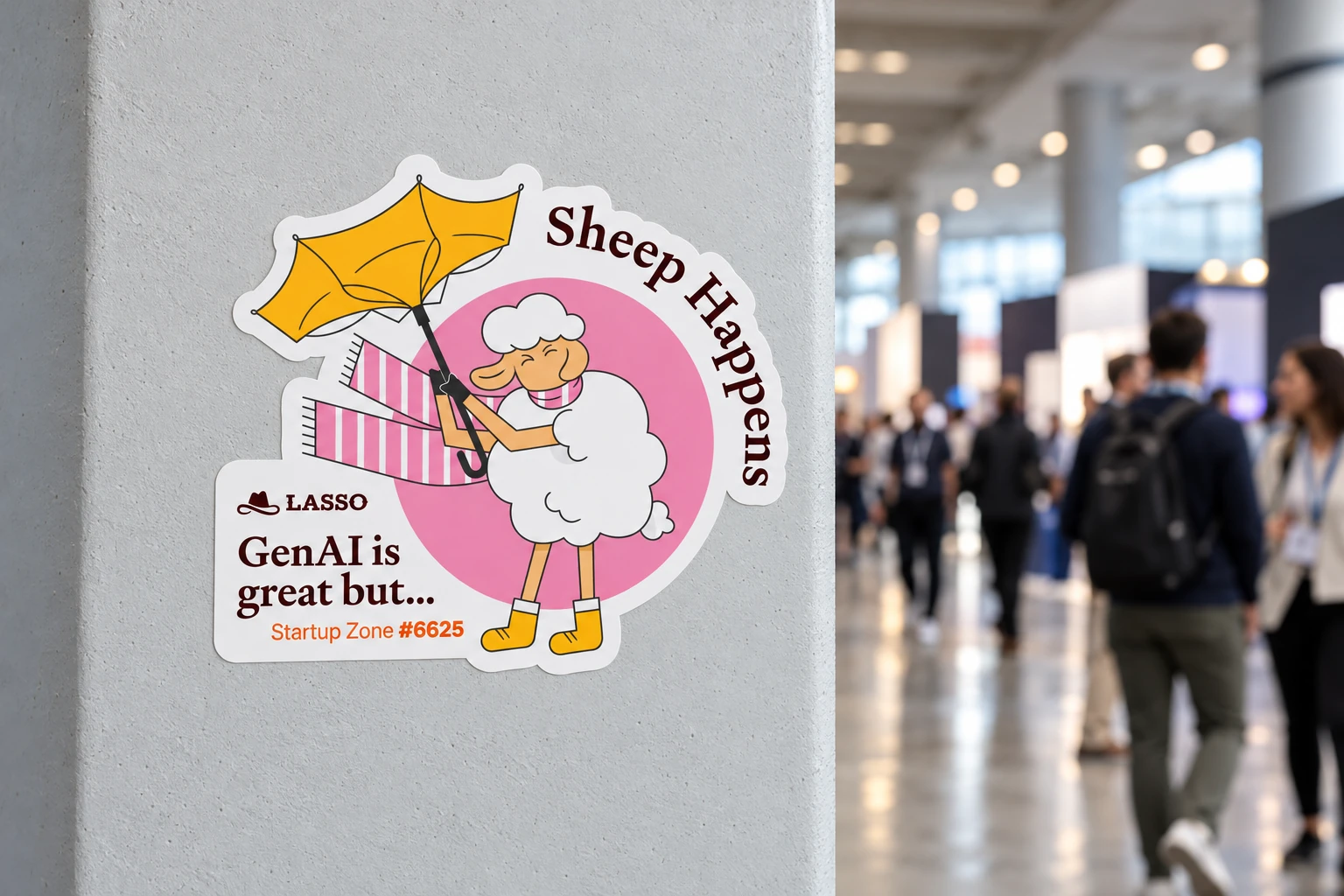 A Lasso Sheep Happens character sticker on a conference pillar beside attendees.