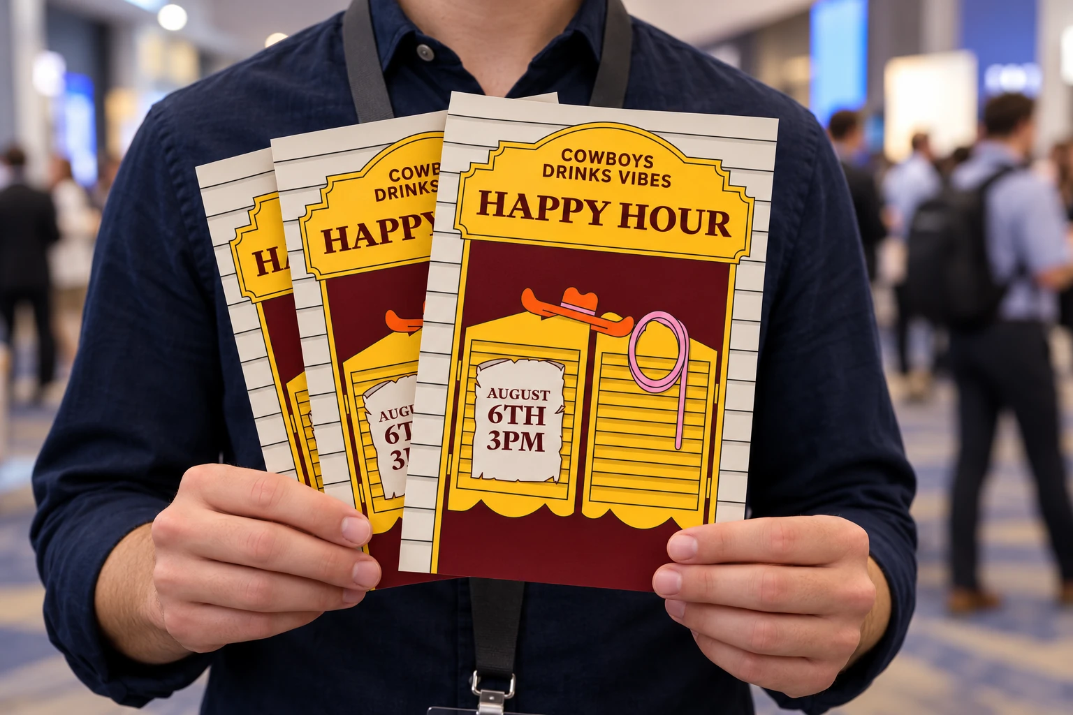 A conference attendee holding illustrated cowboy-themed happy hour flyers.