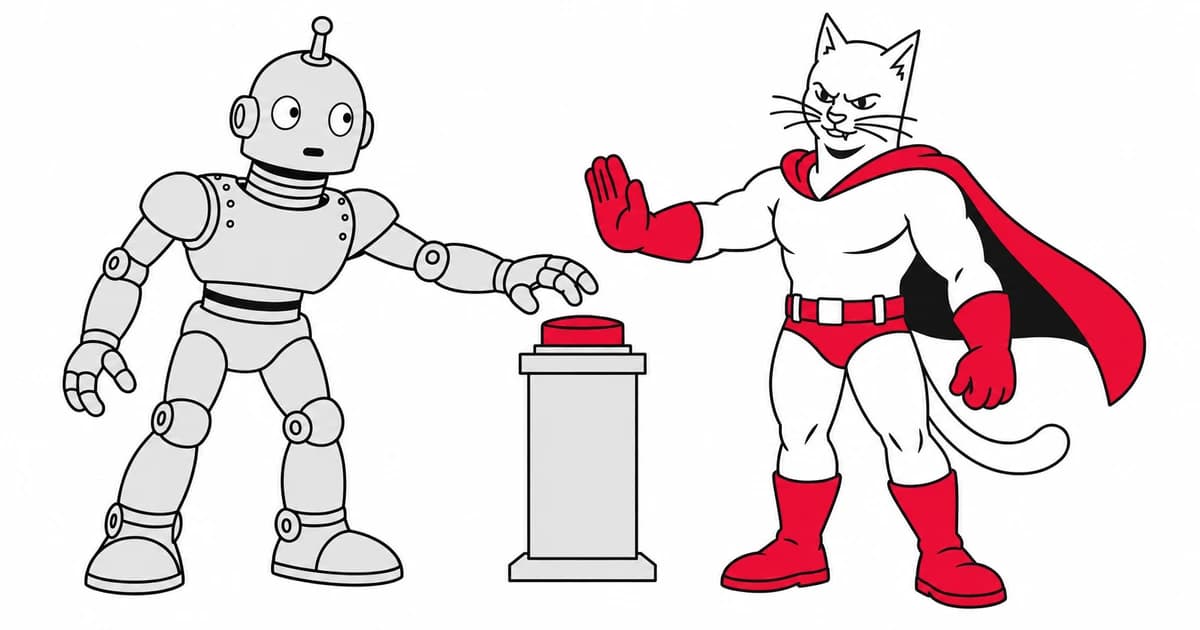 The superhero cat stops the robot from pressing a red button before review.