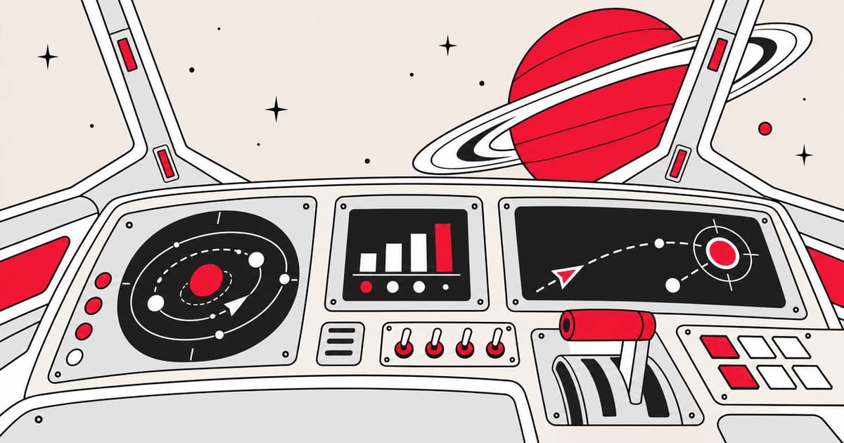 A spaceship cockpit dashboard combines navigation displays, switches and a red throttle, facing a ringed planet.