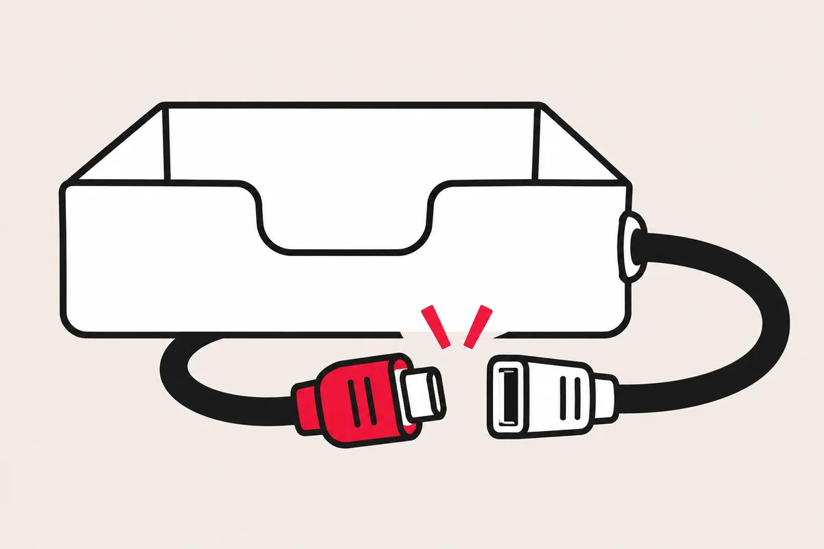An empty white inbox is connected to a cable whose red plug is disconnected from its socket.