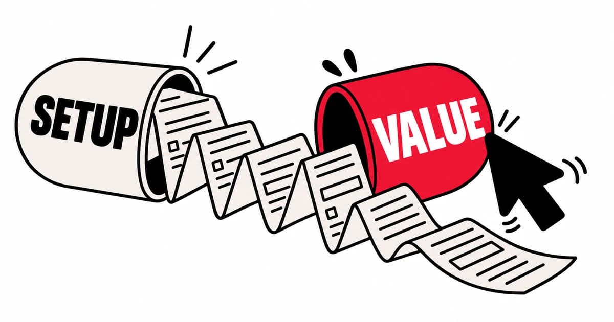 An oversized setup capsule spills a long registration form between setup and value.