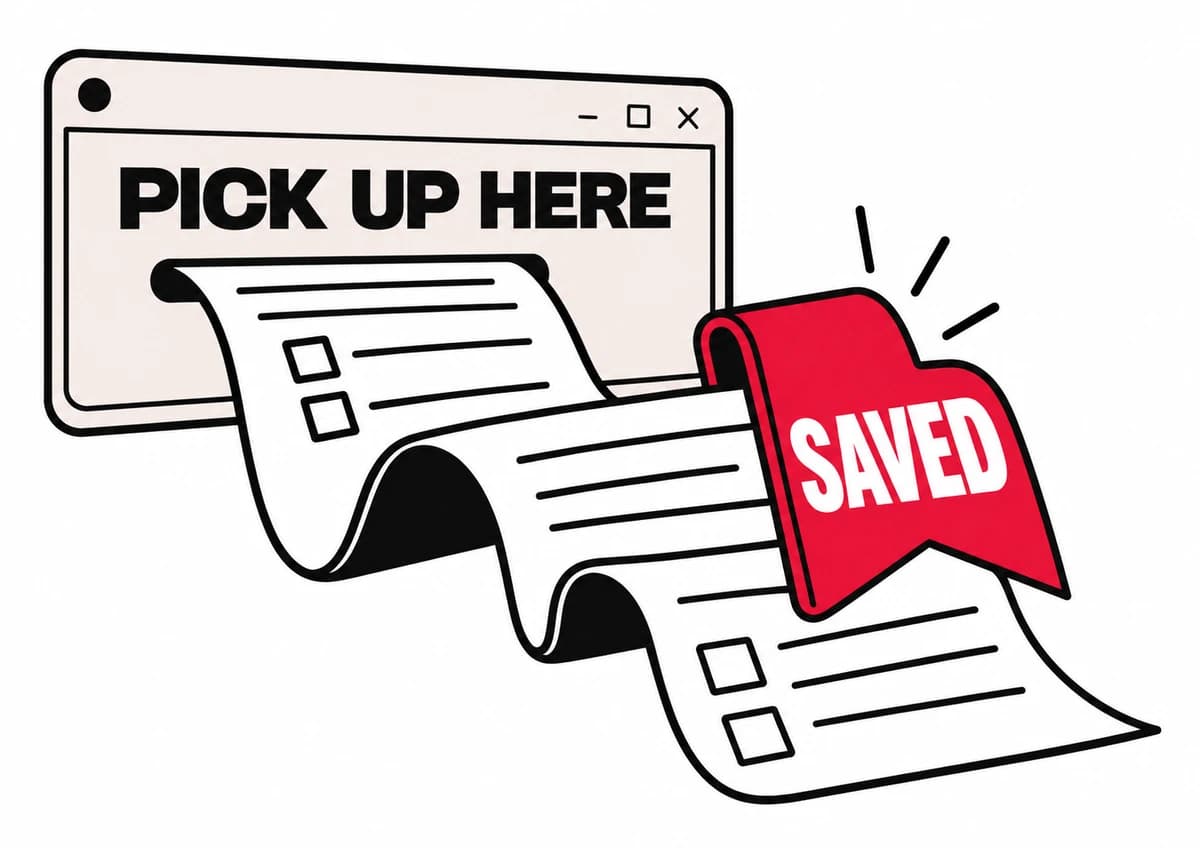 A red bookmark labeled Saved holds a place in a long form emerging from a browser window.