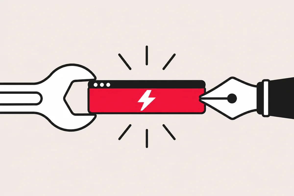 A wrench and pen nib meet around a red browser-shaped baton, connecting implementation and design.