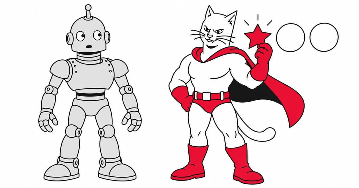 The superhero cat holds a red star beside two plain circles and the robot.