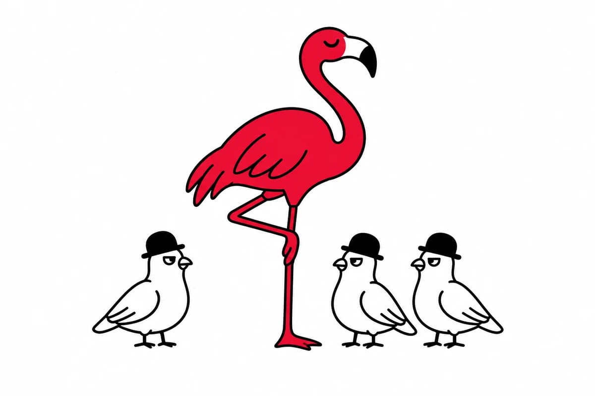 A tall red flamingo stands apart from three matching pigeons in black bowler hats.