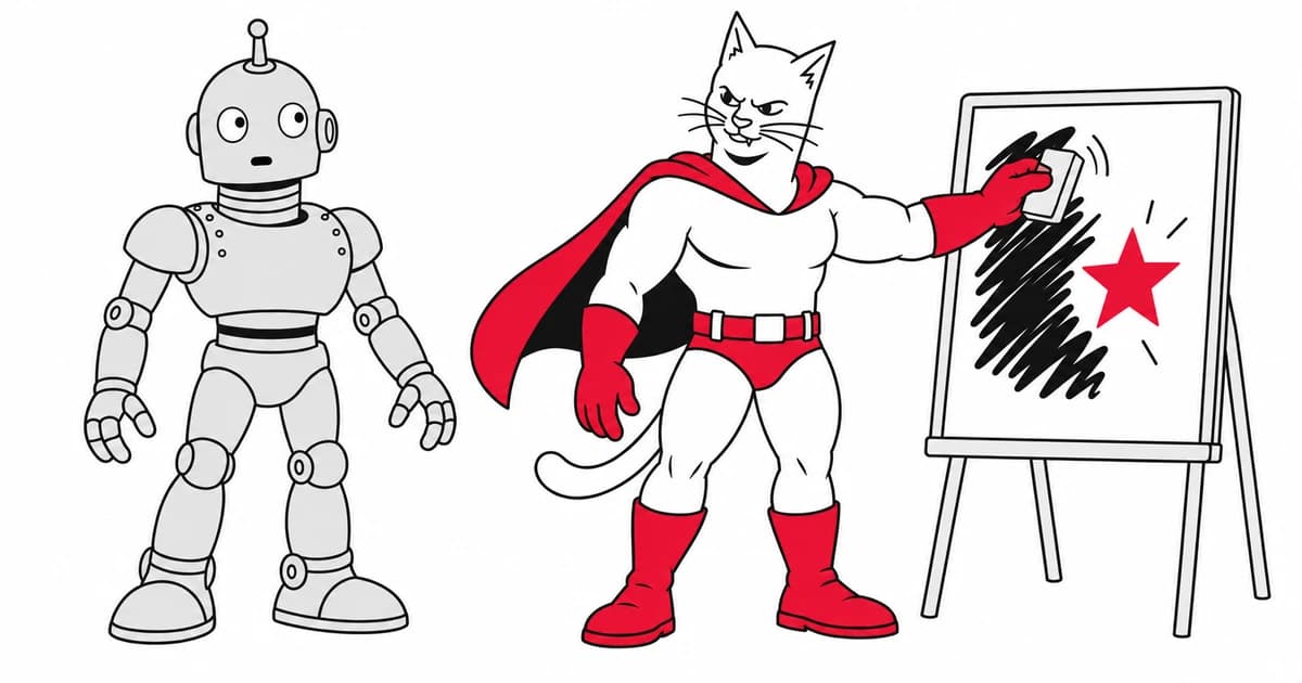 The superhero cat erases a tangled scribble to reveal a clear star.