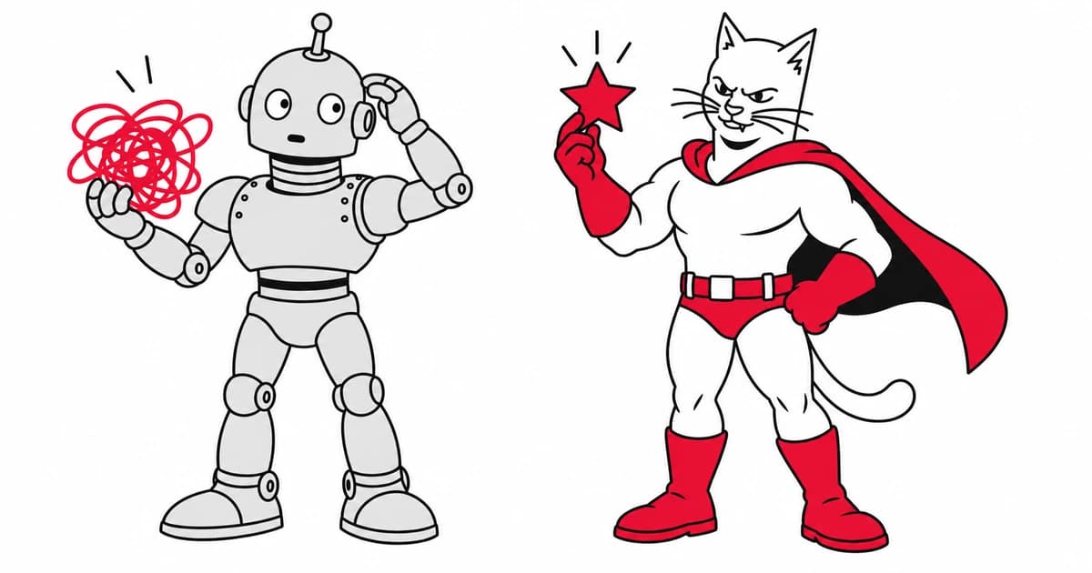 The robot presents a scribble while the superhero cat selects a clear red star.