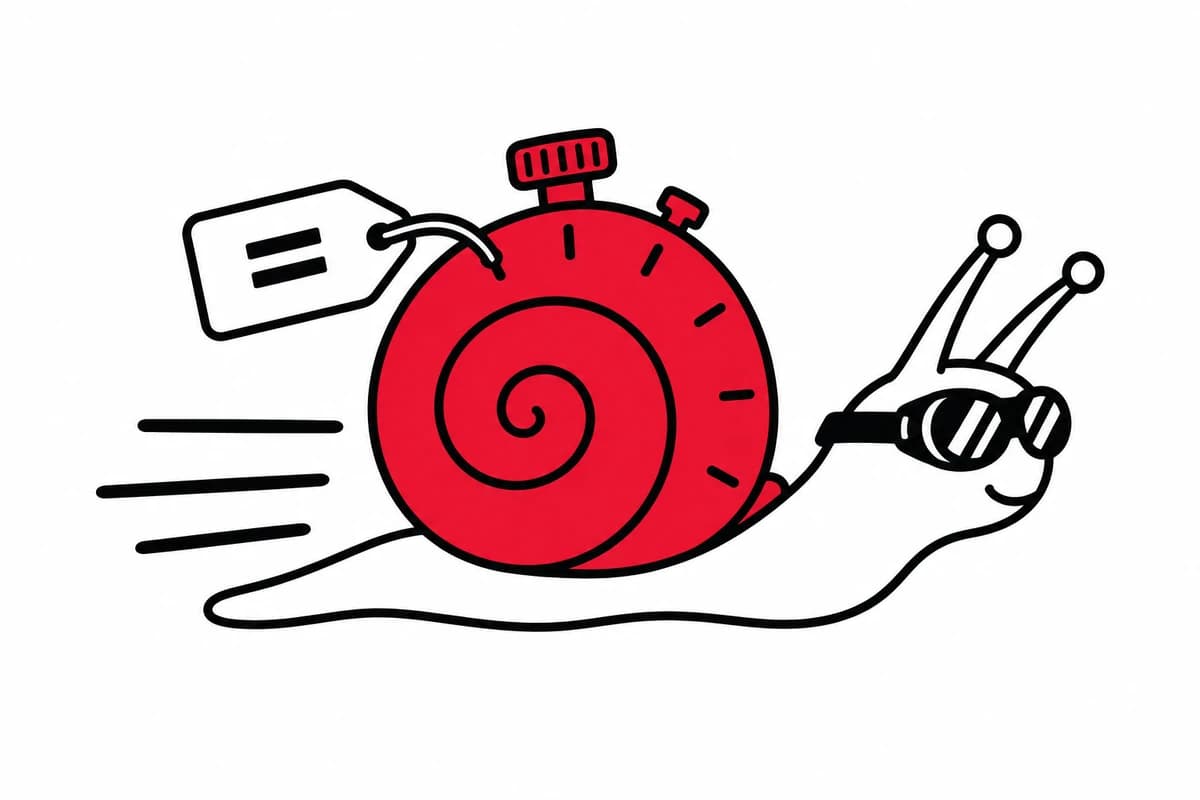 A racing snail with a stopwatch shell and an unchanged price tag represents speed without reduced value.