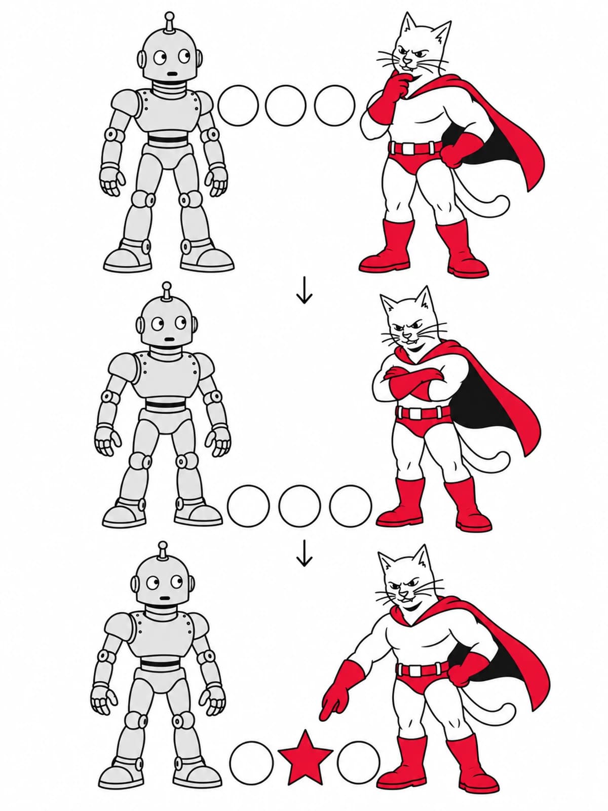 The robot generates options and the superhero cat evaluates them to select a distinct result.