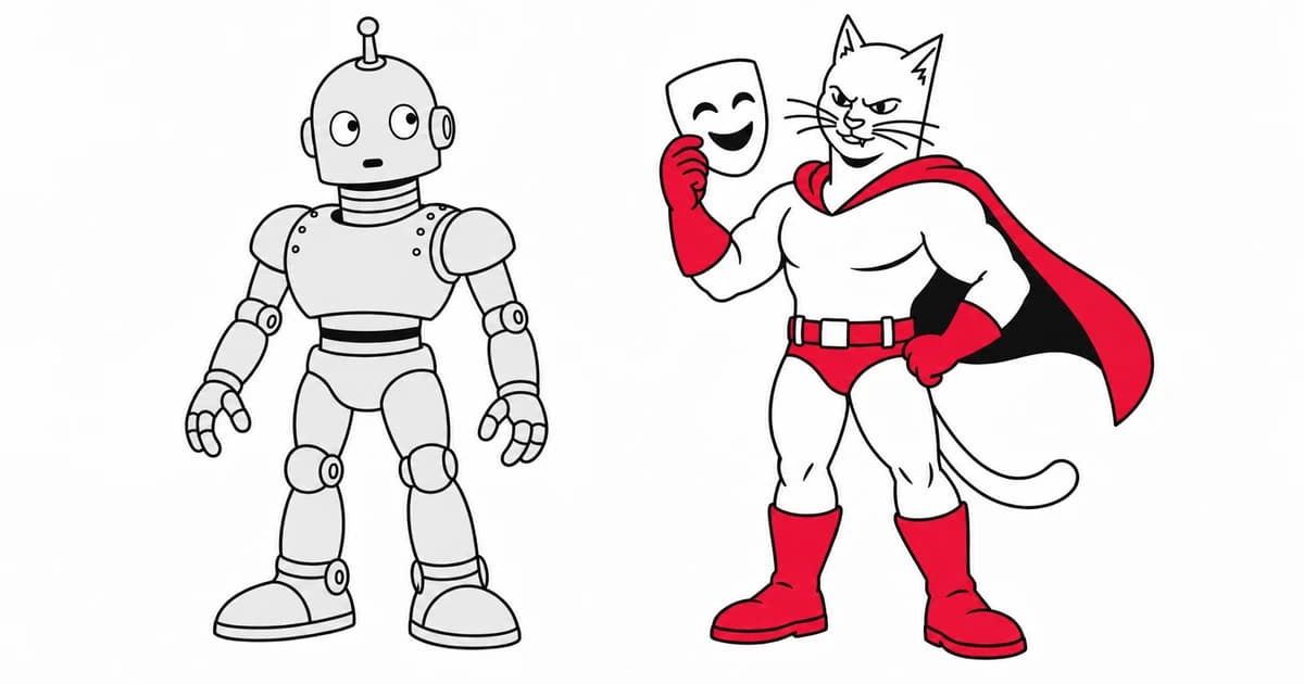 The superhero cat holds a generic smiling mask beside its own recognizable face.