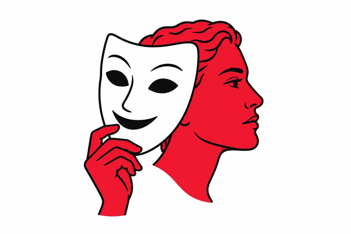 A lifted theatrical mask reveals a distinct human face behind a generic facade.