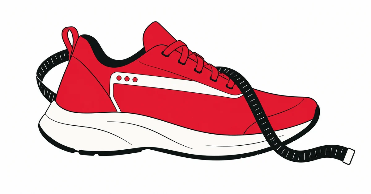 A black tailor’s measuring tape loops around and over a red running shoe with a subtle browser-window side panel.