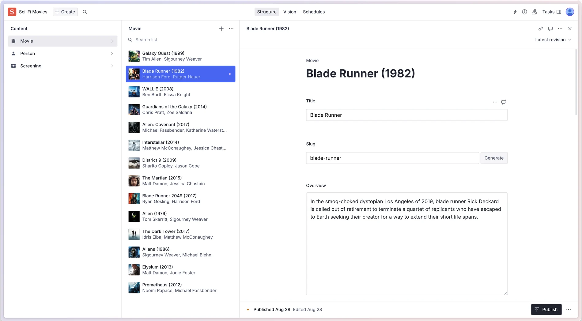Sanity Studio with content types on the left, a list of movie entries in the middle, editable fields on the right, and a Publish button at the bottom.
