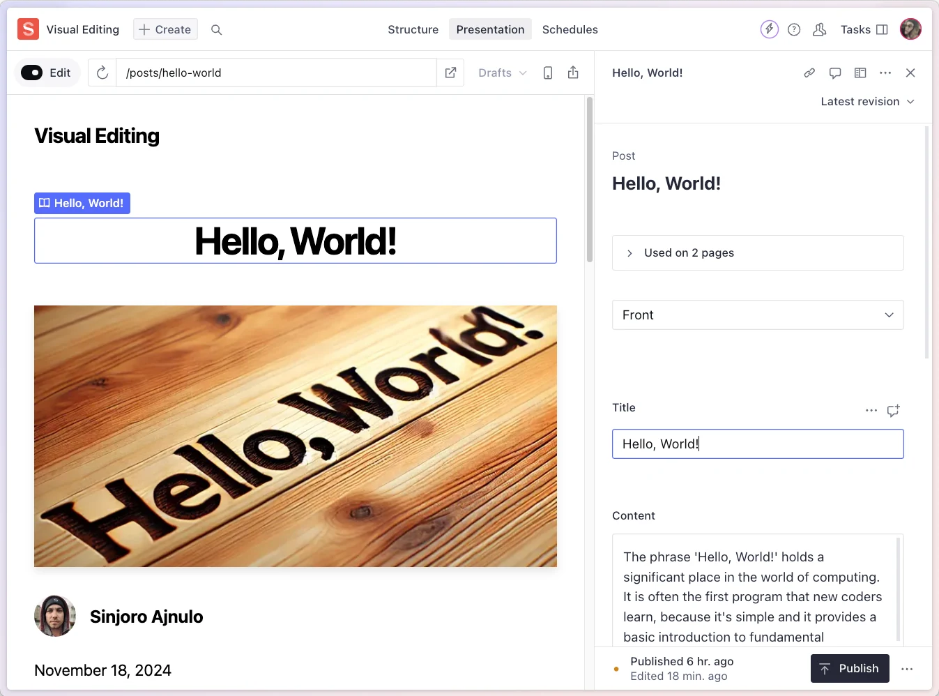 Sanity Presentation showing a page preview on the left, the selected title and content fields on the right, and a Publish button.