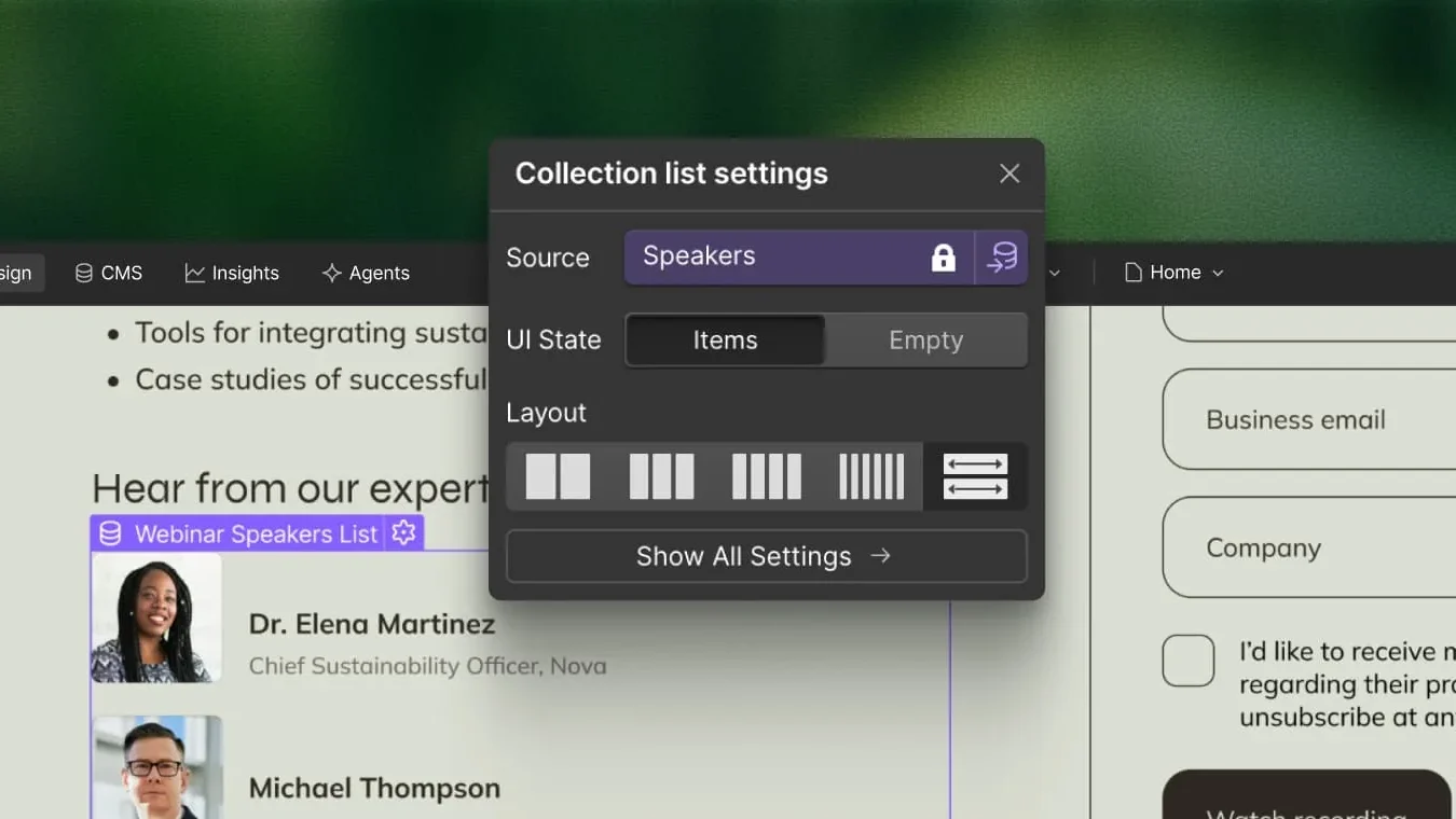 Webflow Designer showing CMS Collection list settings over a page canvas in official product imagery.