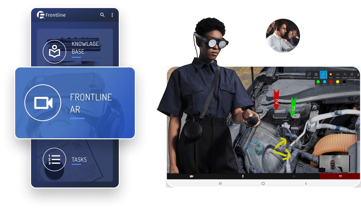 Frontline AR: technician inspecting an engine with live remote support