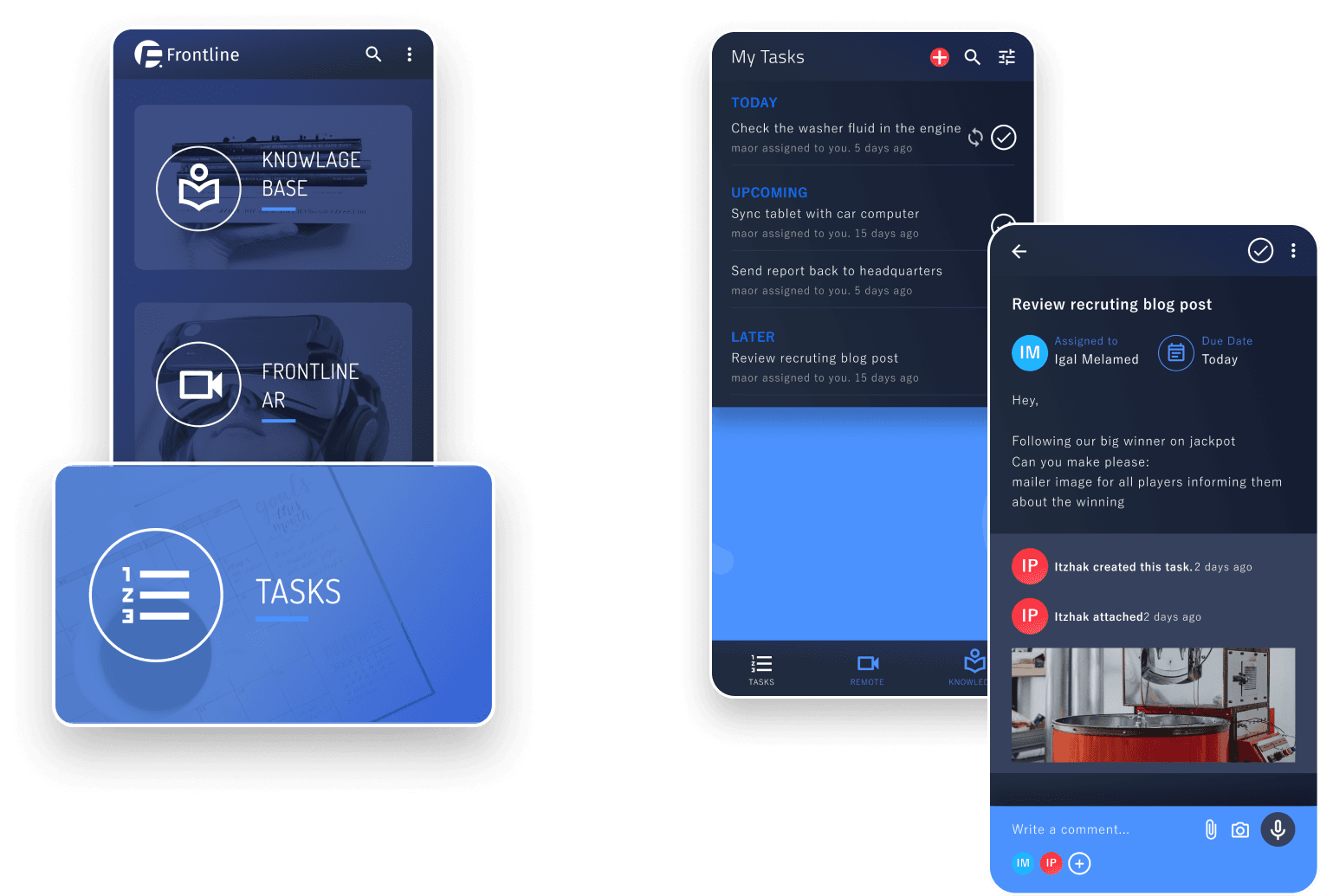 Frontline task management: knowledge base, my tasks and review comments