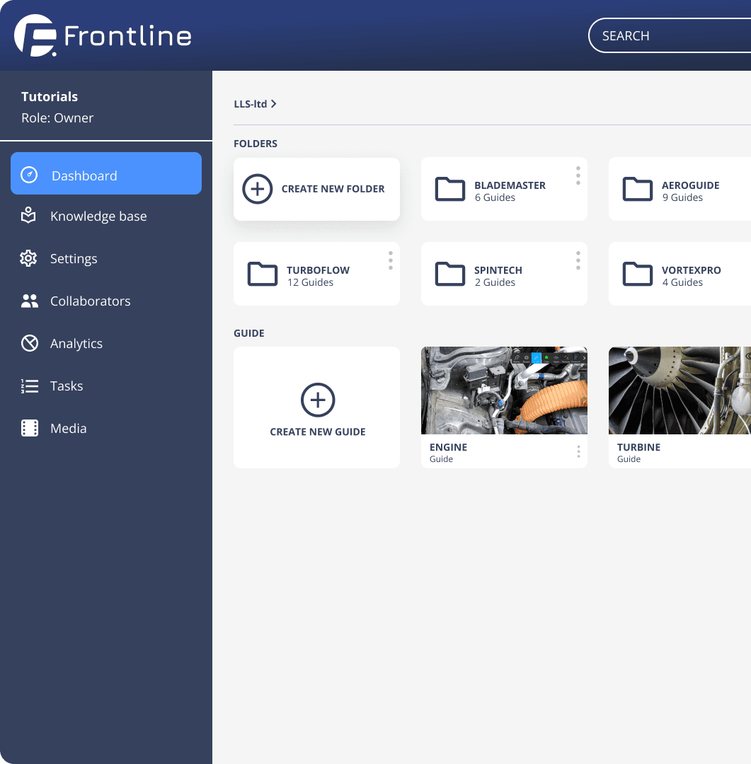 Frontline tutorials dashboard with guide folders