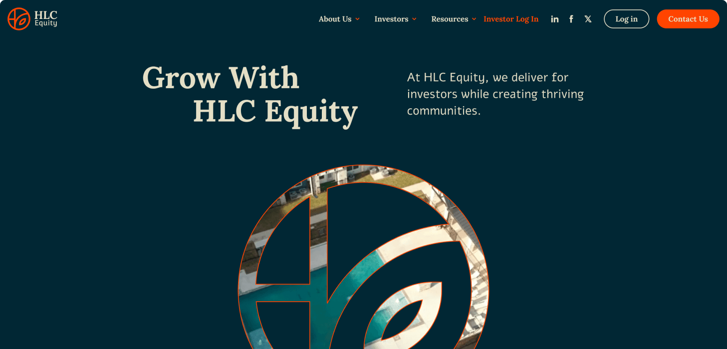 HLC Equity homepage - Grow With HLC Equity, with the circular HLC monogram formed from aerial photographs of properties.