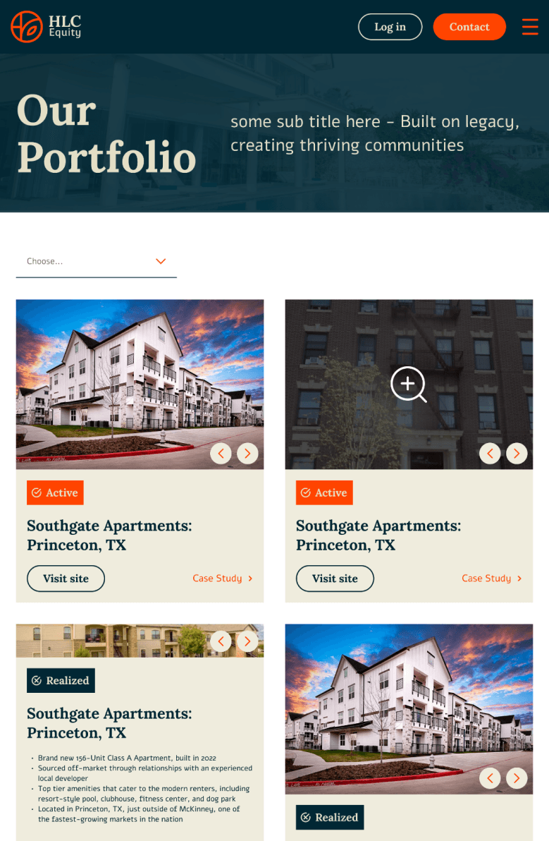 HLC Equity website - the Our Portfolio page with property cards.