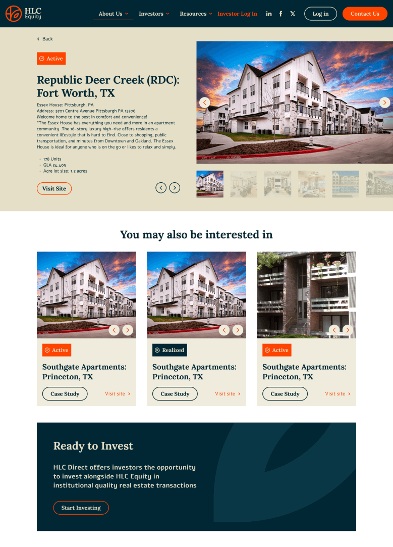 HLC Equity website - a property detail page with the investment overview.