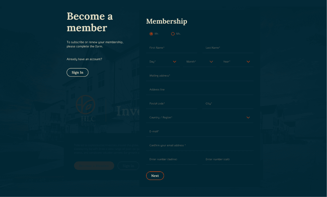 HLC Equity - the Become a Member membership signup form.