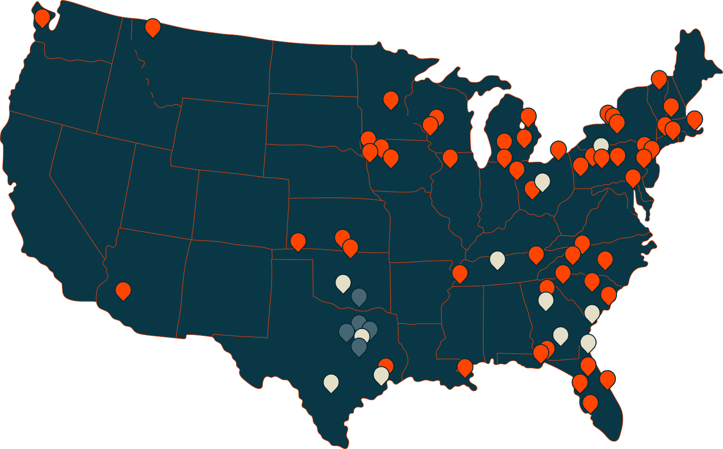 Map of the United States with HLC Equity's property locations marked as orange pins.