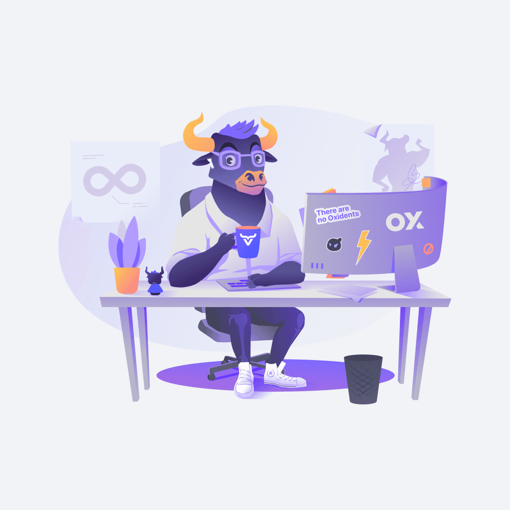 The OX bull mark equals the finished, full-colour bull mascot at a desk.