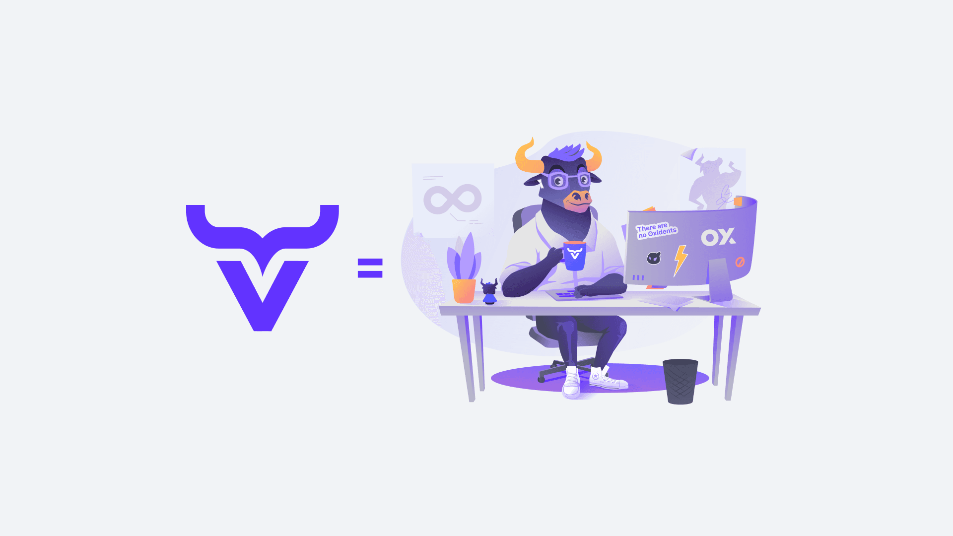 The OX bull mark equals the finished, full-colour bull mascot at a desk.