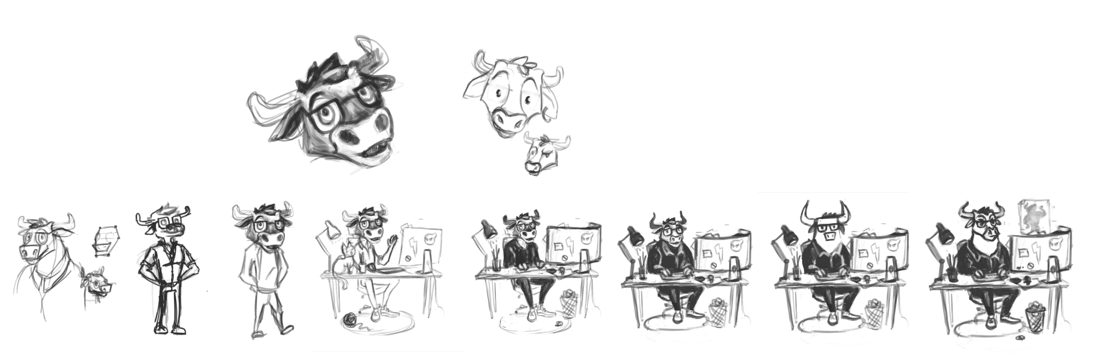 OX Security mascot exploration - bull-head studies and a row of character sketches developing from rough concept to the finished bull at a desk.