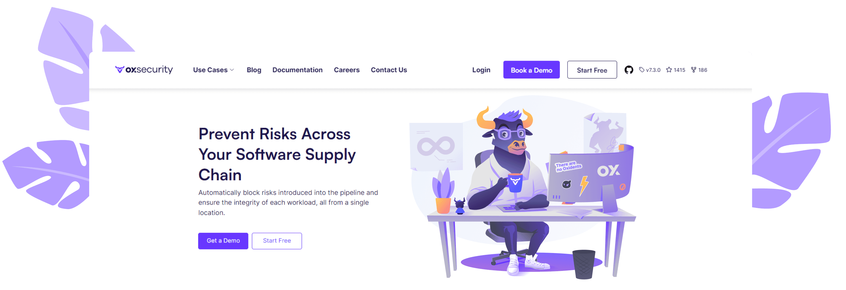 OX Security homepage - Prevent Risks Across Your Software Supply Chain, with the brand's bull mascot at a desk, framed by monstera leaves.